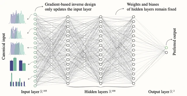 Neural network diagram: gradient-based inverse design updates only the input layer, producing a canonical input for a preferred output, shown as histograms of input features.
